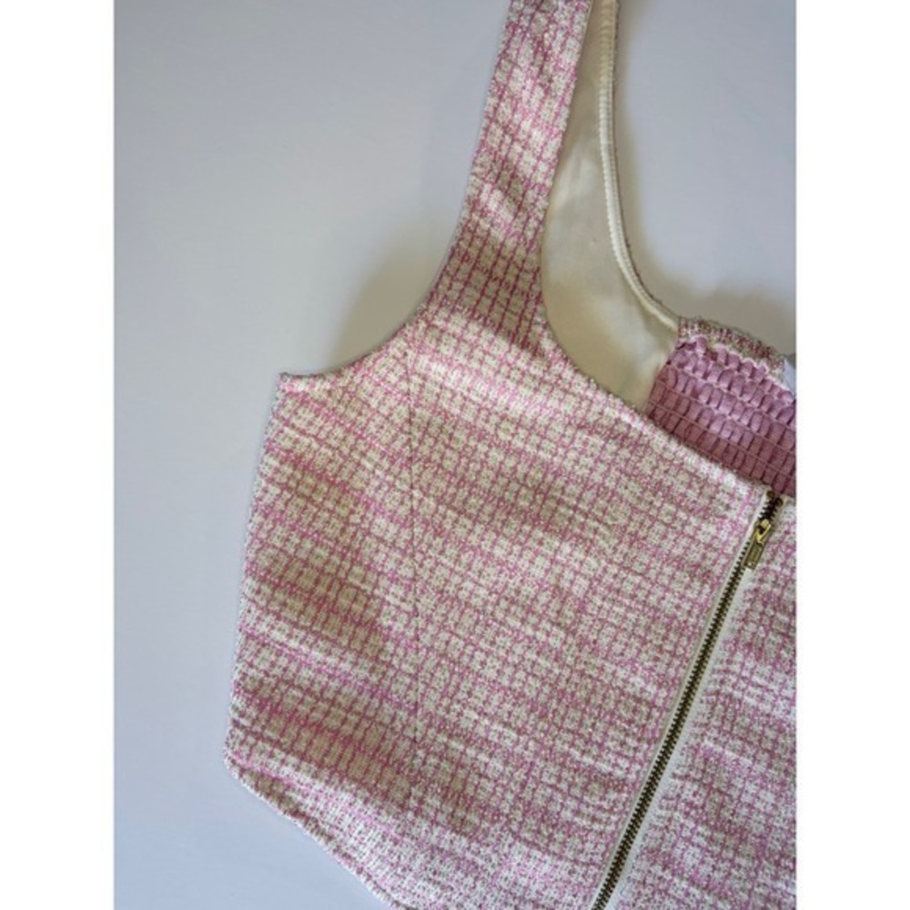 WAYF Pink Tweed Zip Front Crop Top Textured Smocked Back Size S - Picture 7 of 13